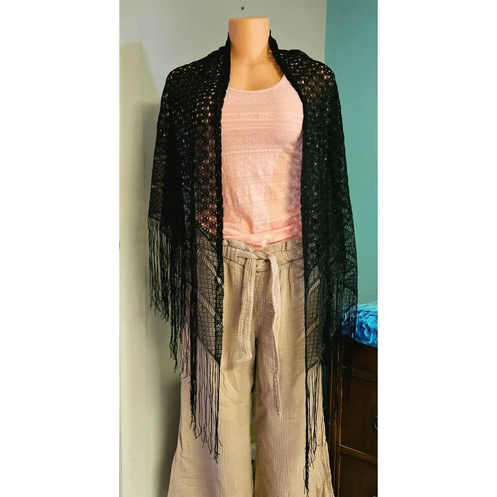 California Things Shawl Women OS Black Vintage Lace Knit Fringe Wrap Boho Japan